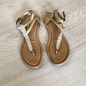 BCBG Gold Rhinestone Bling Thong Ankle Strap Sandals
